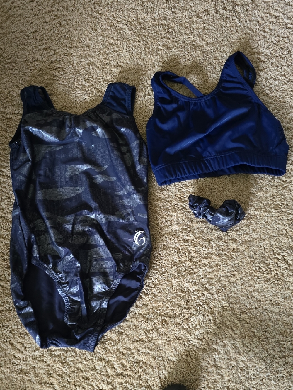 Garland Navy Camo Blue Gymnastics Leotard Set with Scrunchie - Adult Medium